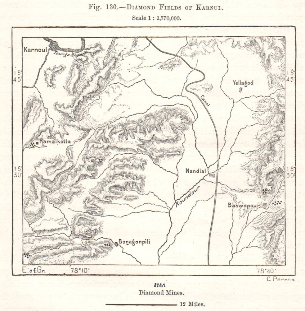 Diamond Fields of Kurnool. India. Sketch map 1885 old antique plan chart
